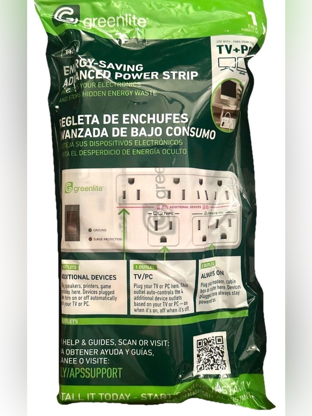NEW GREENLITE 1440 JOULE SURGE PROTECTOR ENERGY SAVING SMART POWER STRIP 7 PLUG